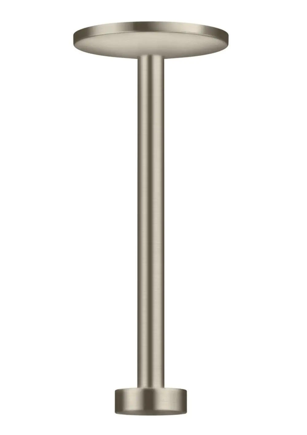 Deckenanschluss in Brushed Nickel für Kopfbrause, senkrecht montiert, von AXOR. Gerader, schlanker Stil mit runder Ober- und Unterseite.